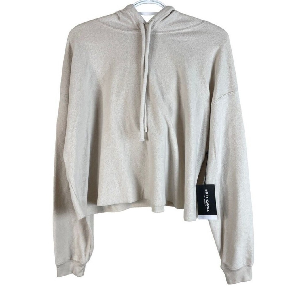 Bella+Canvas Cropped‎ Hoodie Women L Oatmeal Sponge Fleece Raw Hem Pullover